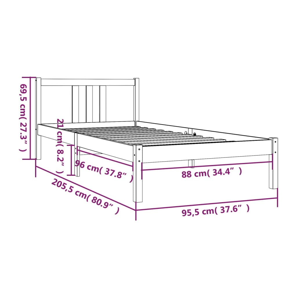 vidaXL Estrutura de cama 90x200 cm madeira maciça preto