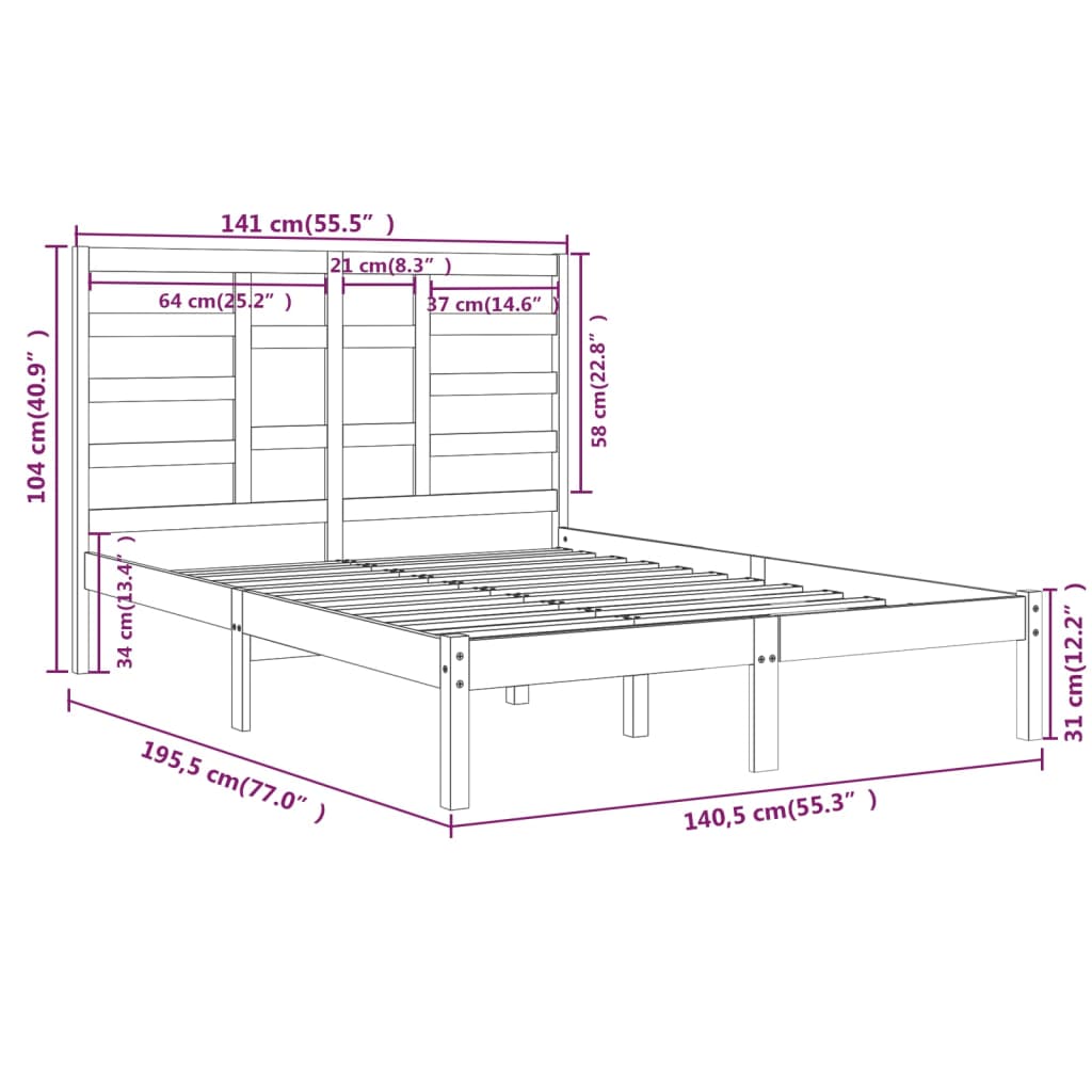 vidaXL Estrutura de cama casal 135x190 cm madeira maciça cinzento