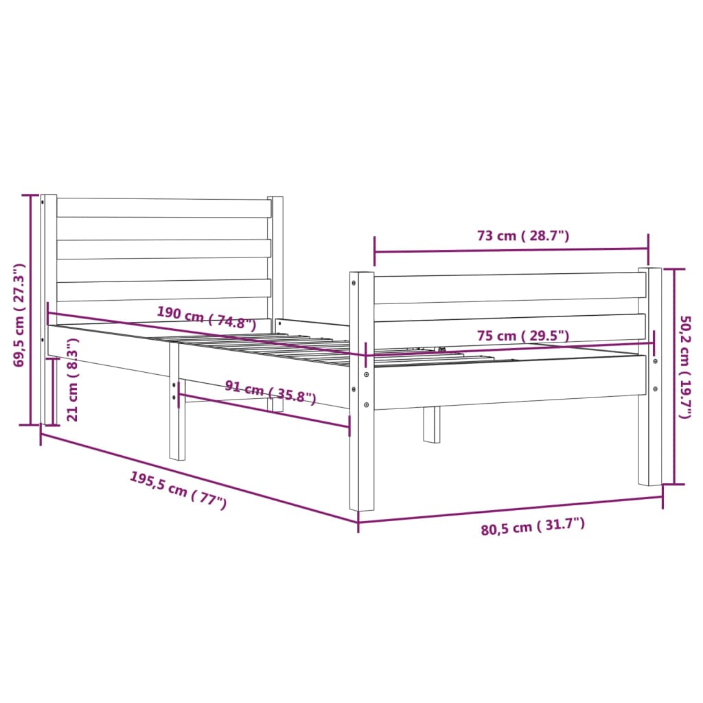 vidaXL Estrutura cama pequena solteiro 75x190 cm madeira castanho mel