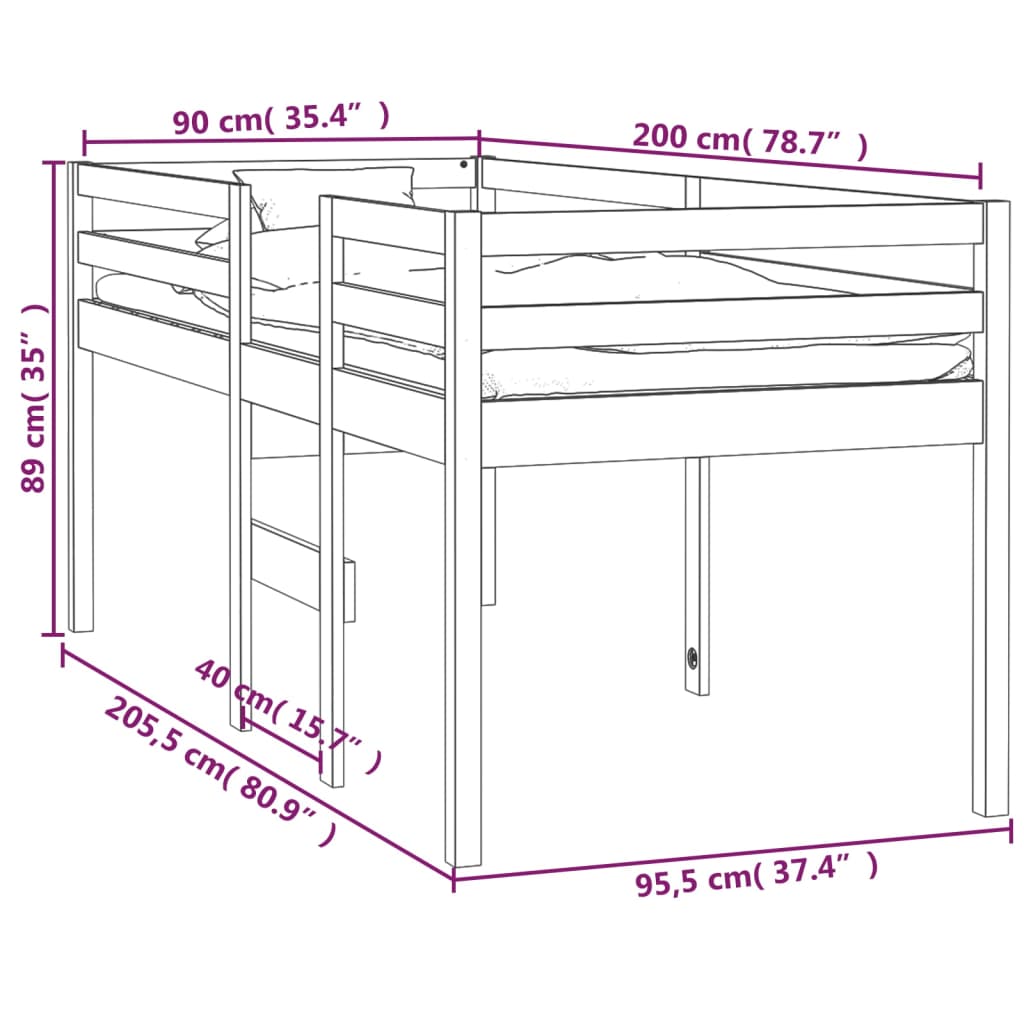 vidaXL Cama alta 90x200 cm madeira de pinho maciça