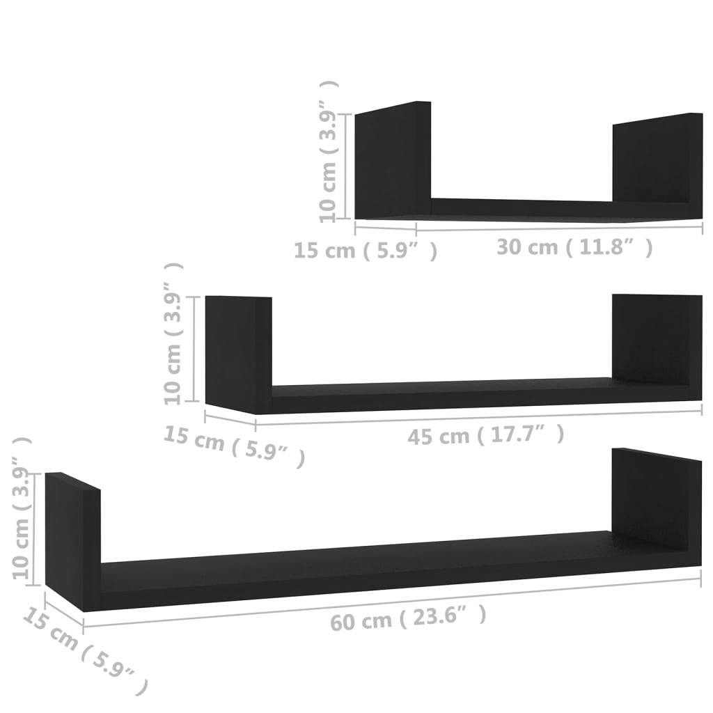 vidaXL Prateleira de parede 3 pcs derivados de madeira preto