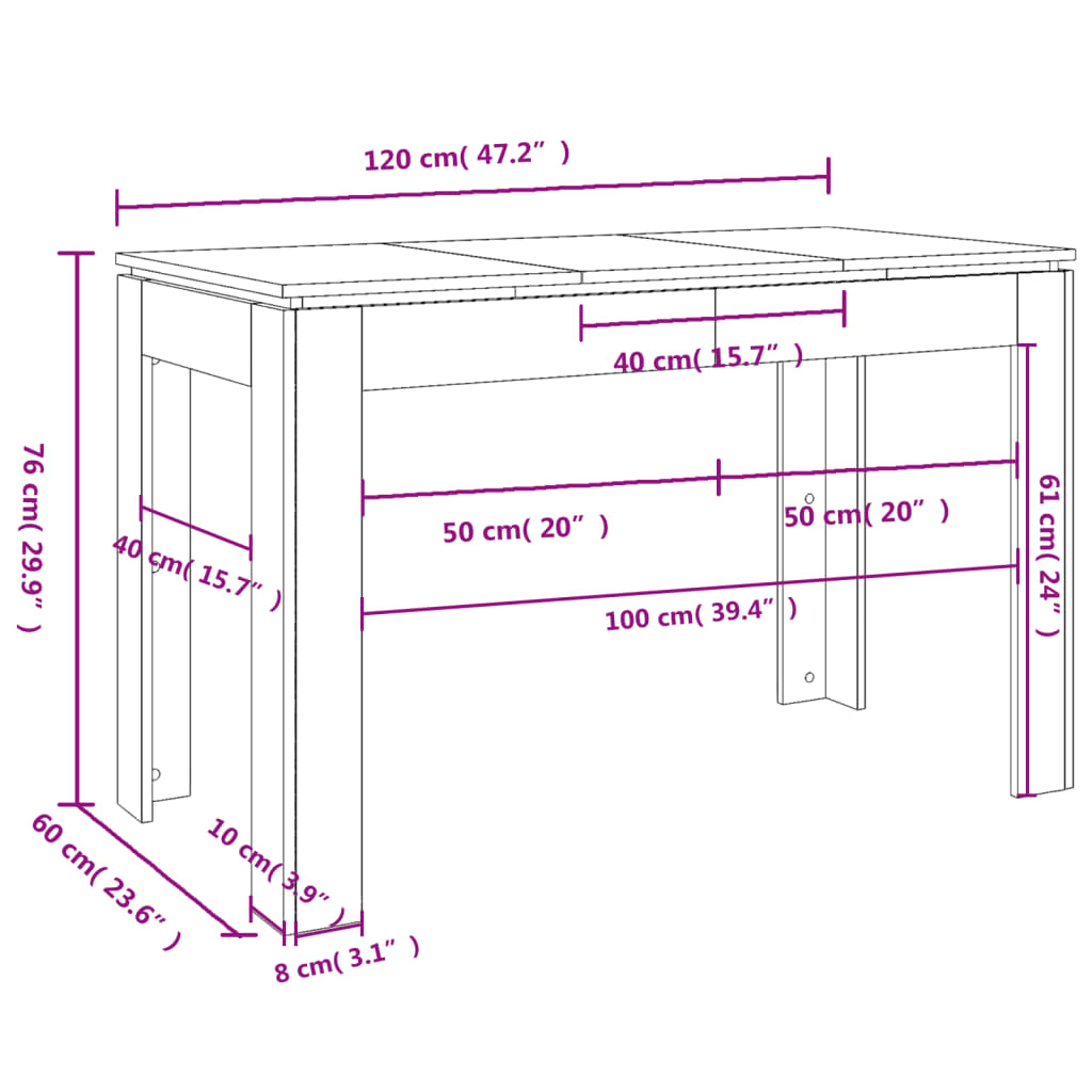 vidaXL Mesa de jantar 120x60x76 cm contraplacado cinzento