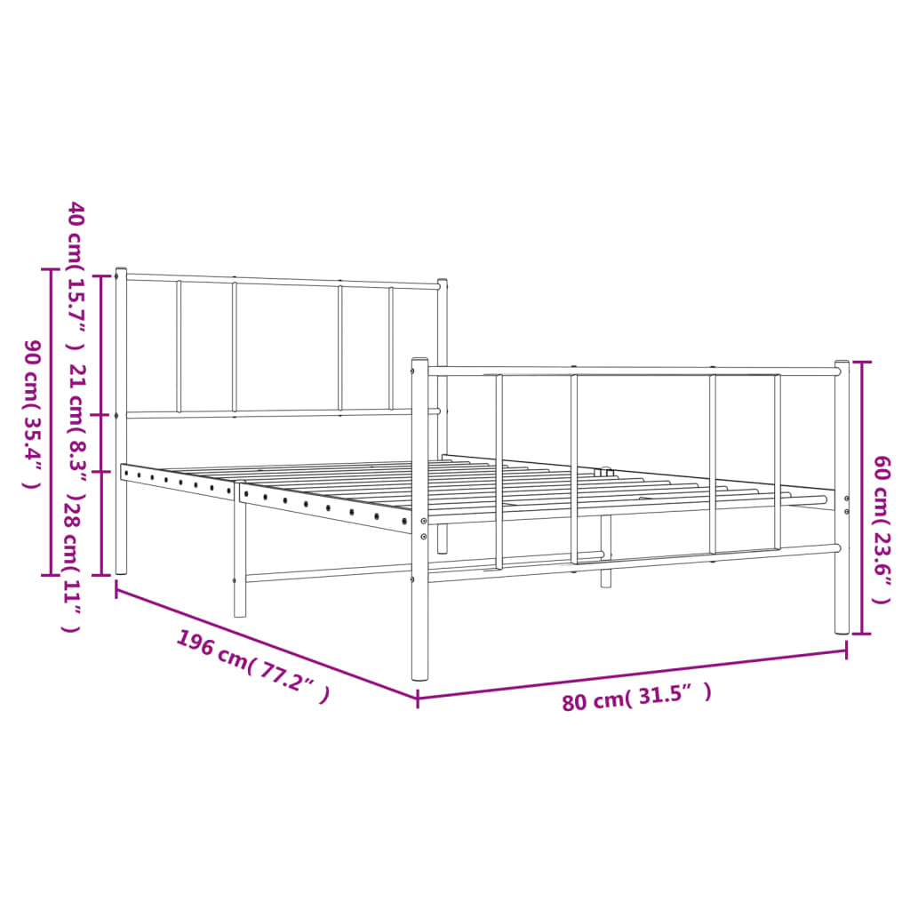 vidaXL Estrutura de cama com cabeceira e pés 75x190 cm metal preto