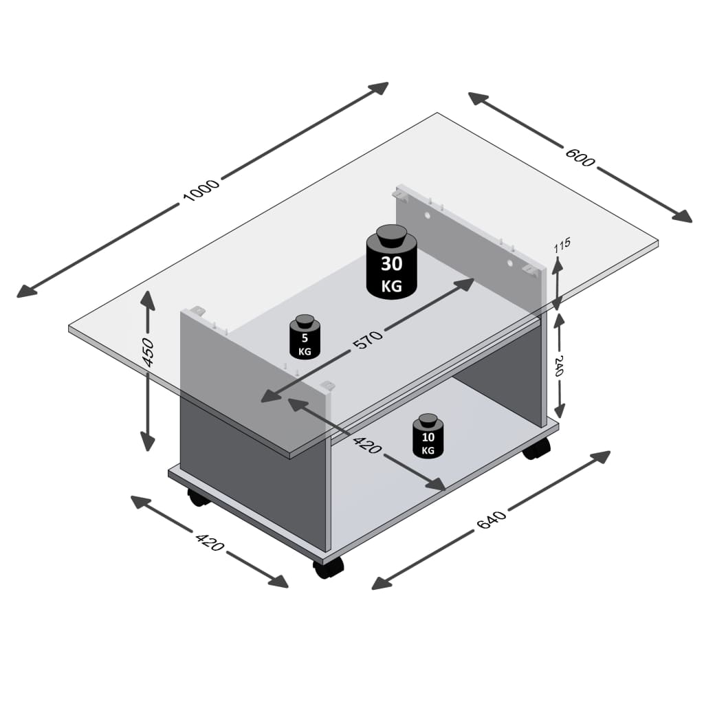 FMD Mesa de centro com rodas cinzento cimento e branco