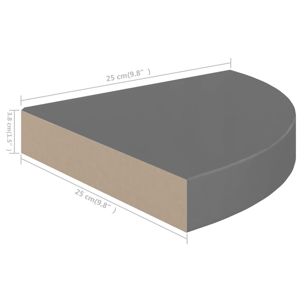 vidaXL Prateleiras canto suspensas 2 pcs 25x25x3,8cm MDF cinza brilh.