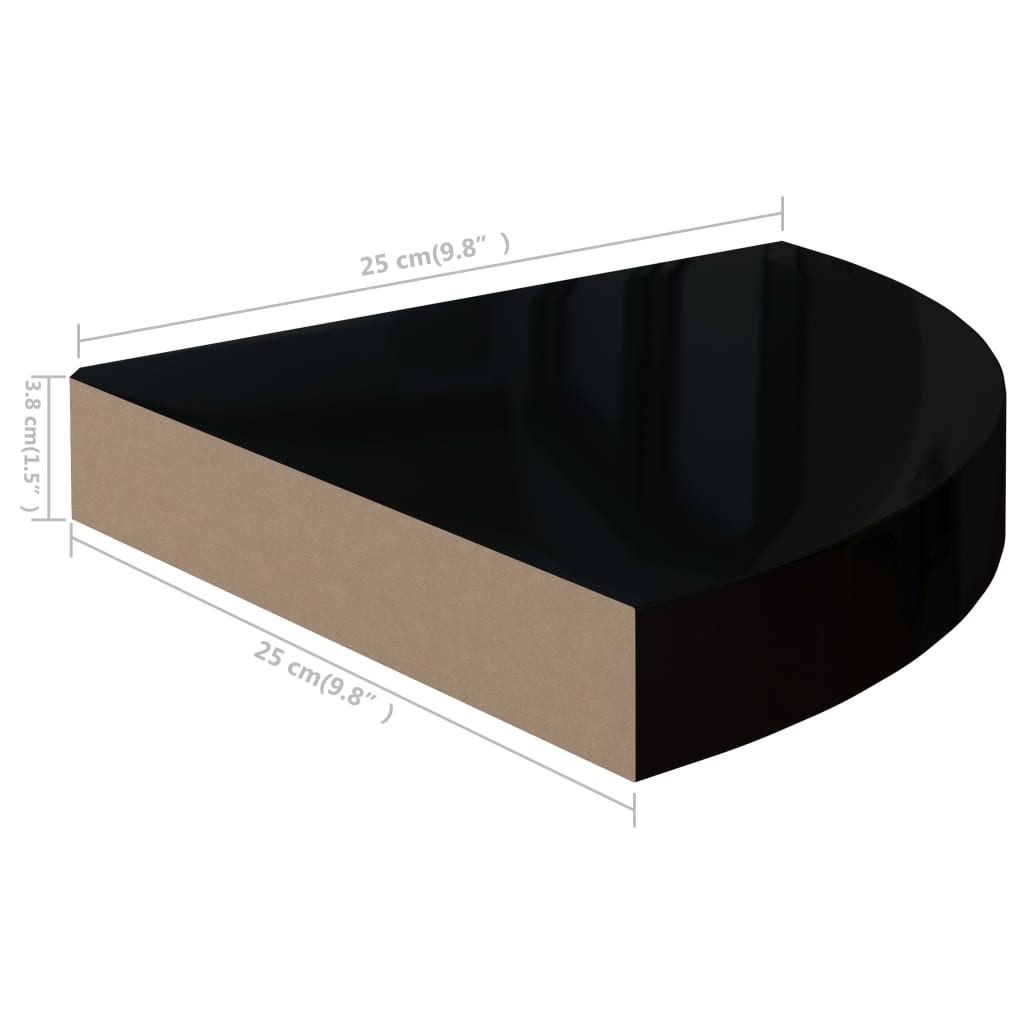 vidaXL Prateleiras canto suspensas 4 pcs 25x25x3,8cm MDF preto brilh.