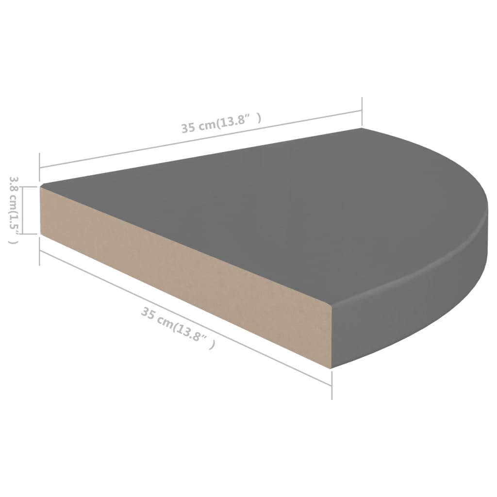 vidaXL Prateleiras canto suspensas 2 pcs 35x35x3,8cm MDF cinza brilh.