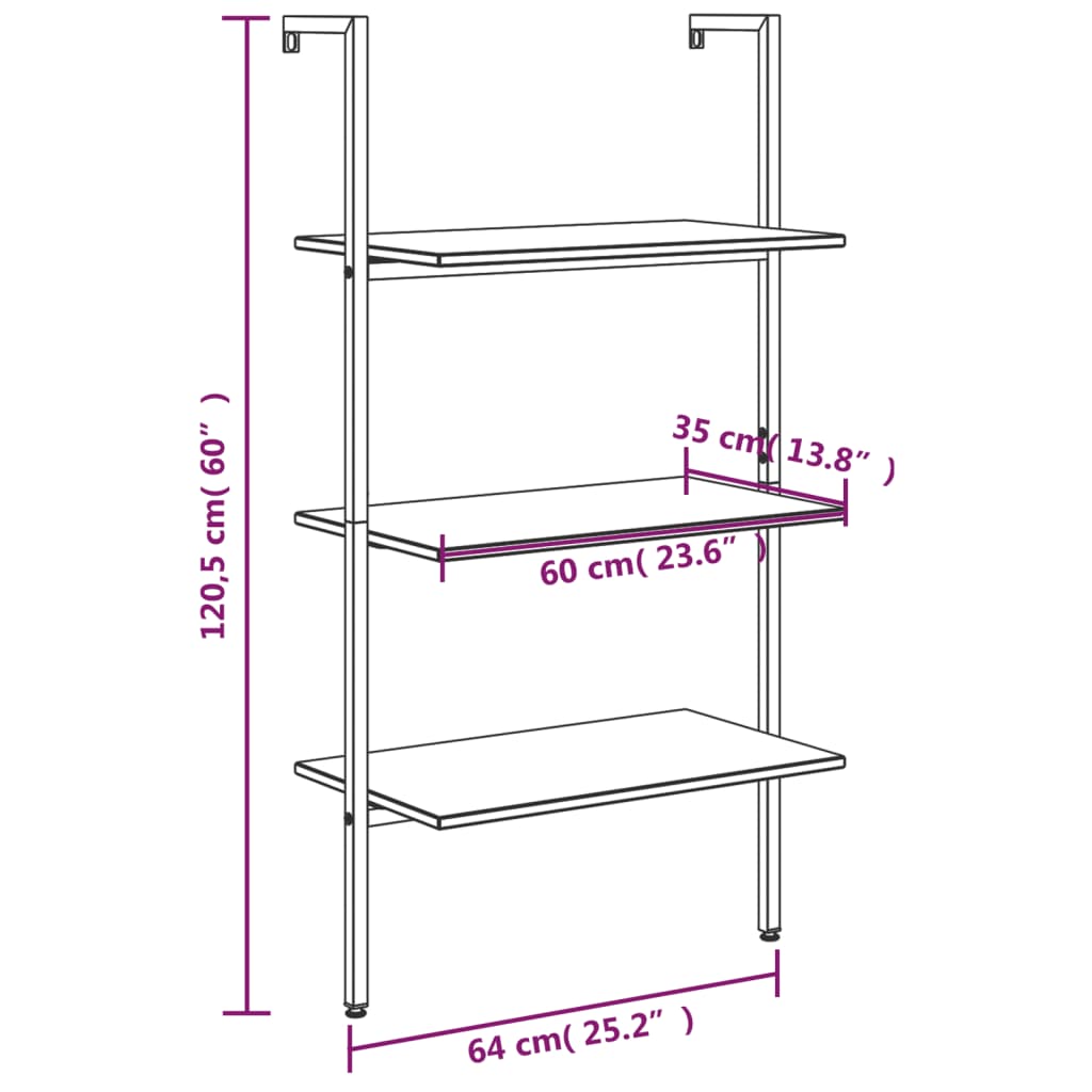 vidaXL Unidade 3 prateleiras 64x35x120,5 cm castanho-escuro e preto