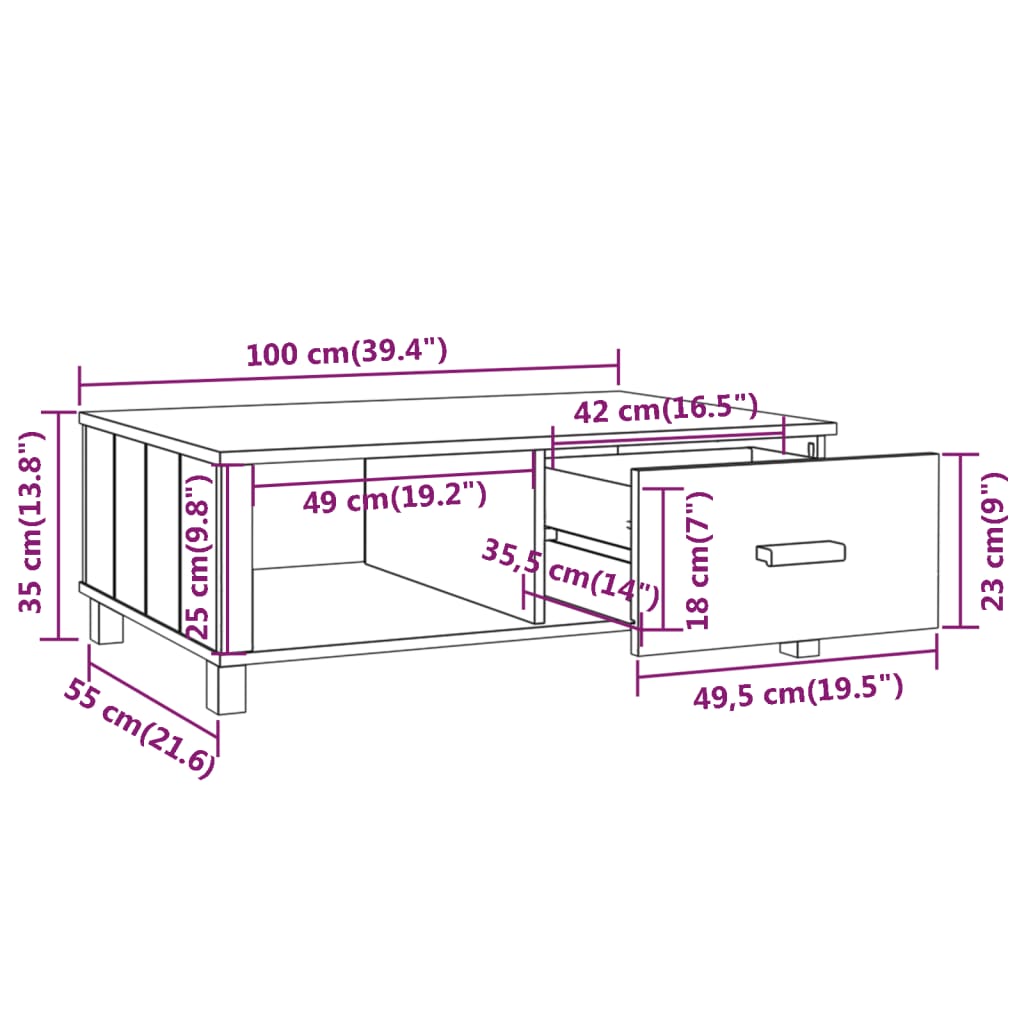 vidaXL Mesa de centro HAMAR 100x55x35 cm pinho maciço castanho-mel