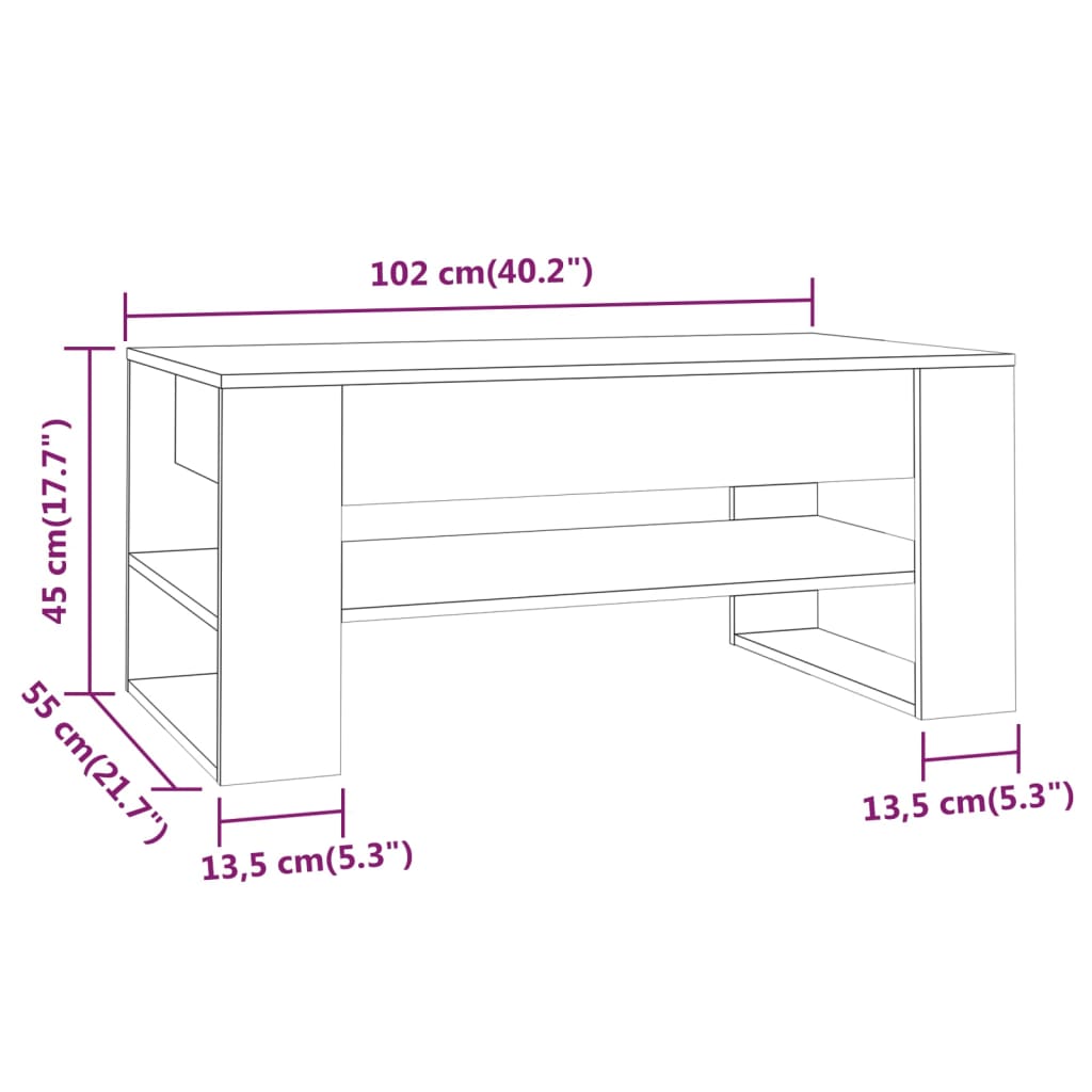 vidaXL Mesa de centro 102x55x45 cm madeira processada branco/sonoma