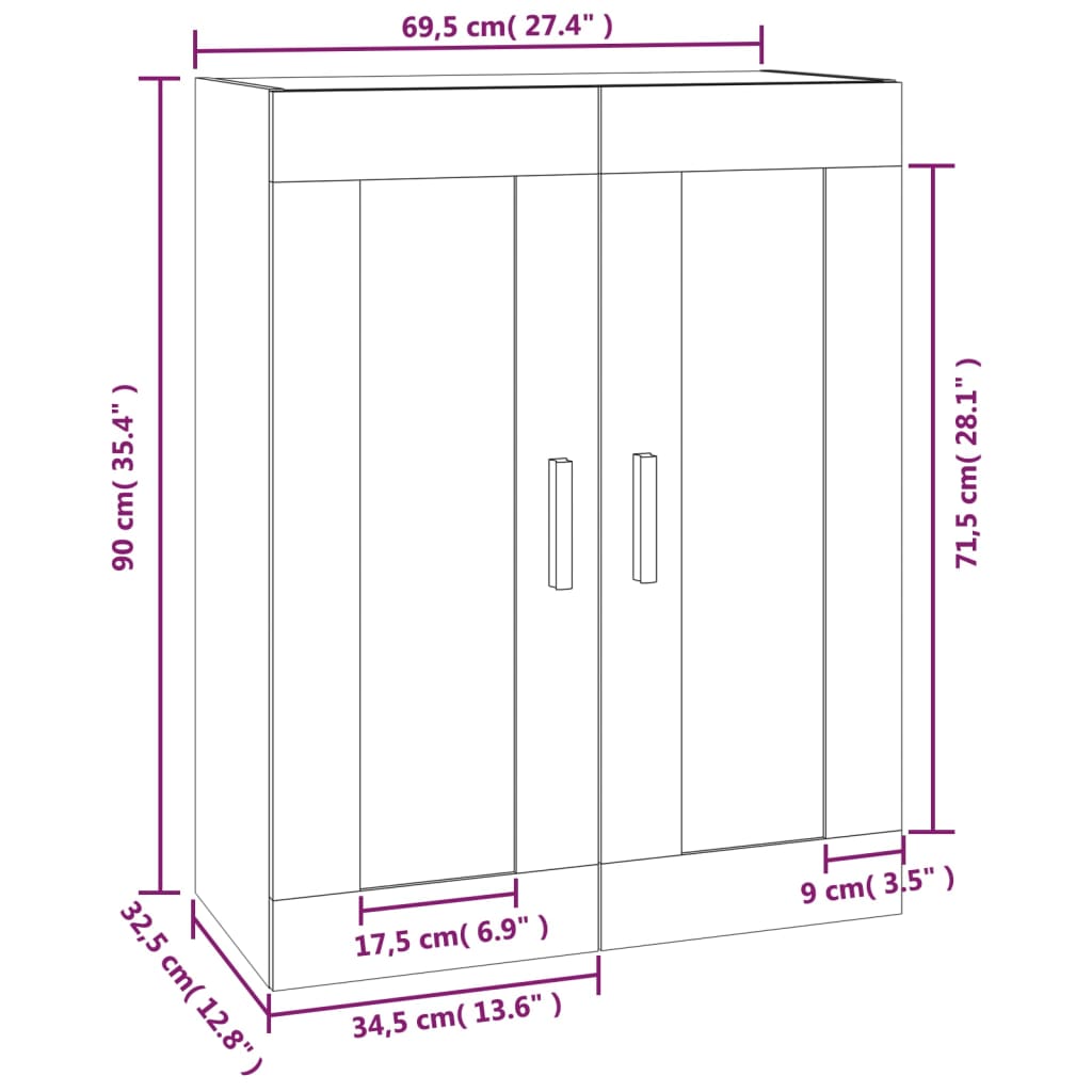 vidaXL Armário parede 69,5x32,5x90 cm deriv. madeira branco brilhante