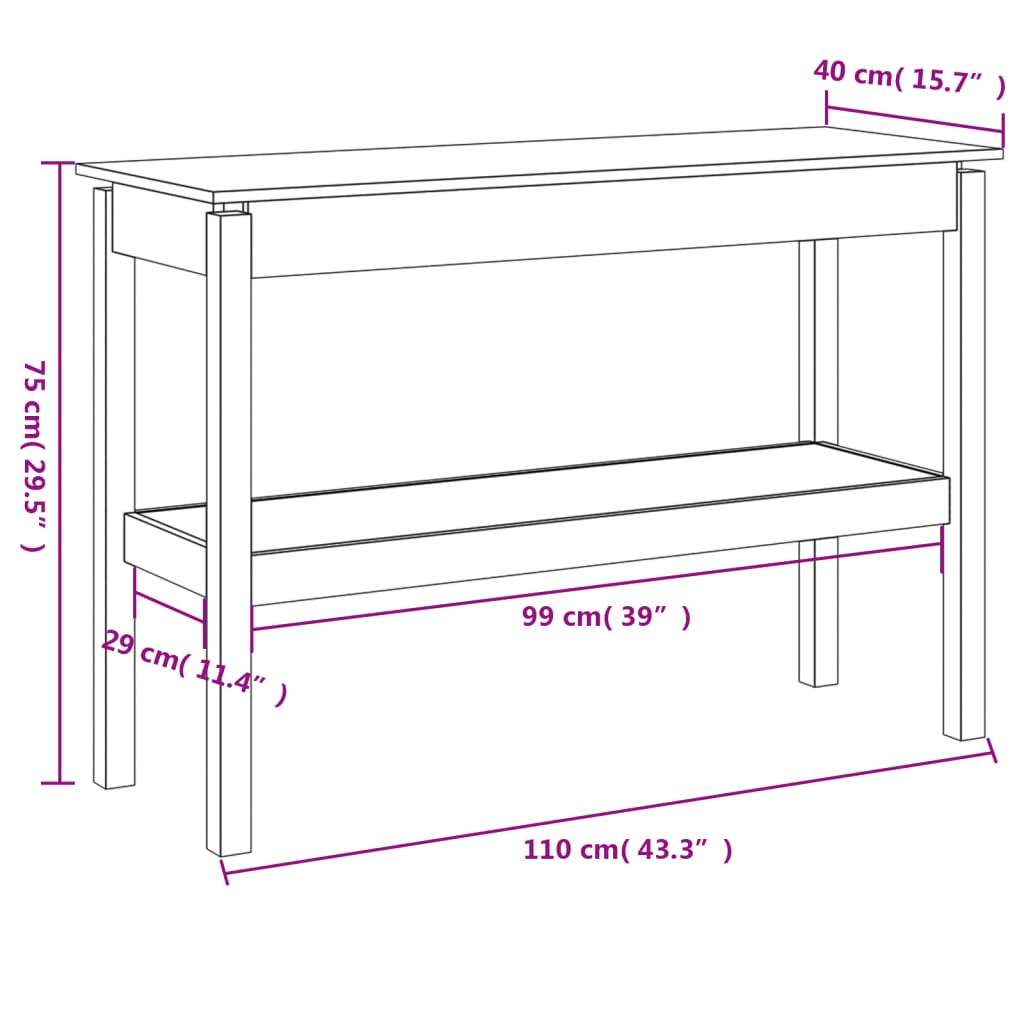 vidaXL Mesa consola 110x40x75 cm pinho maciço branco