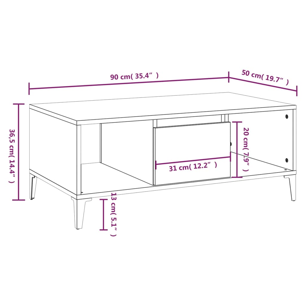 vidaXL Mesa de centro 90x50x36,5 cm derivados madeira cinzento cimento