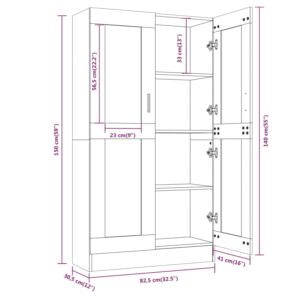 vidaXL Vitrine 82,5x30,5x150 cm derivados de madeira cinzento sonoma