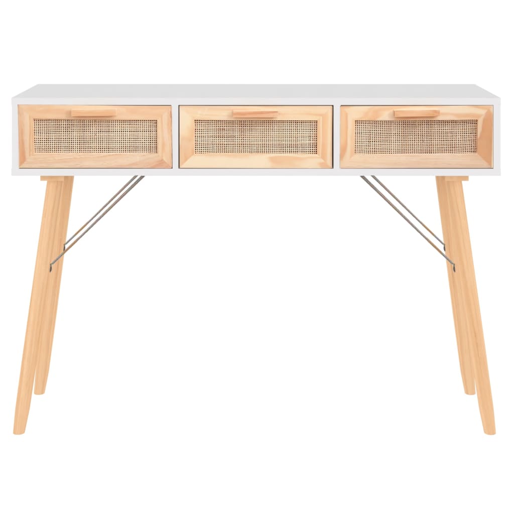 vidaXL Mesa consola 105x30x75 cm pinho maciço e vime natural branco