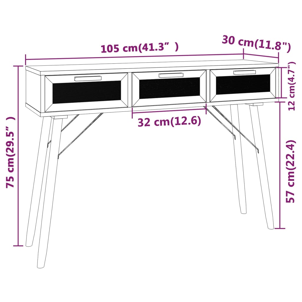 vidaXL Mesa consola 105x30x75 cm pinho maciço e vime natural branco