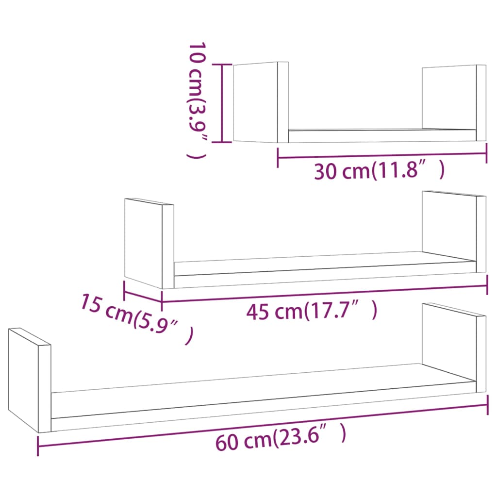 vidaXL Prateleiras exp. parede 3 pcs derivados madeira sonoma cinza