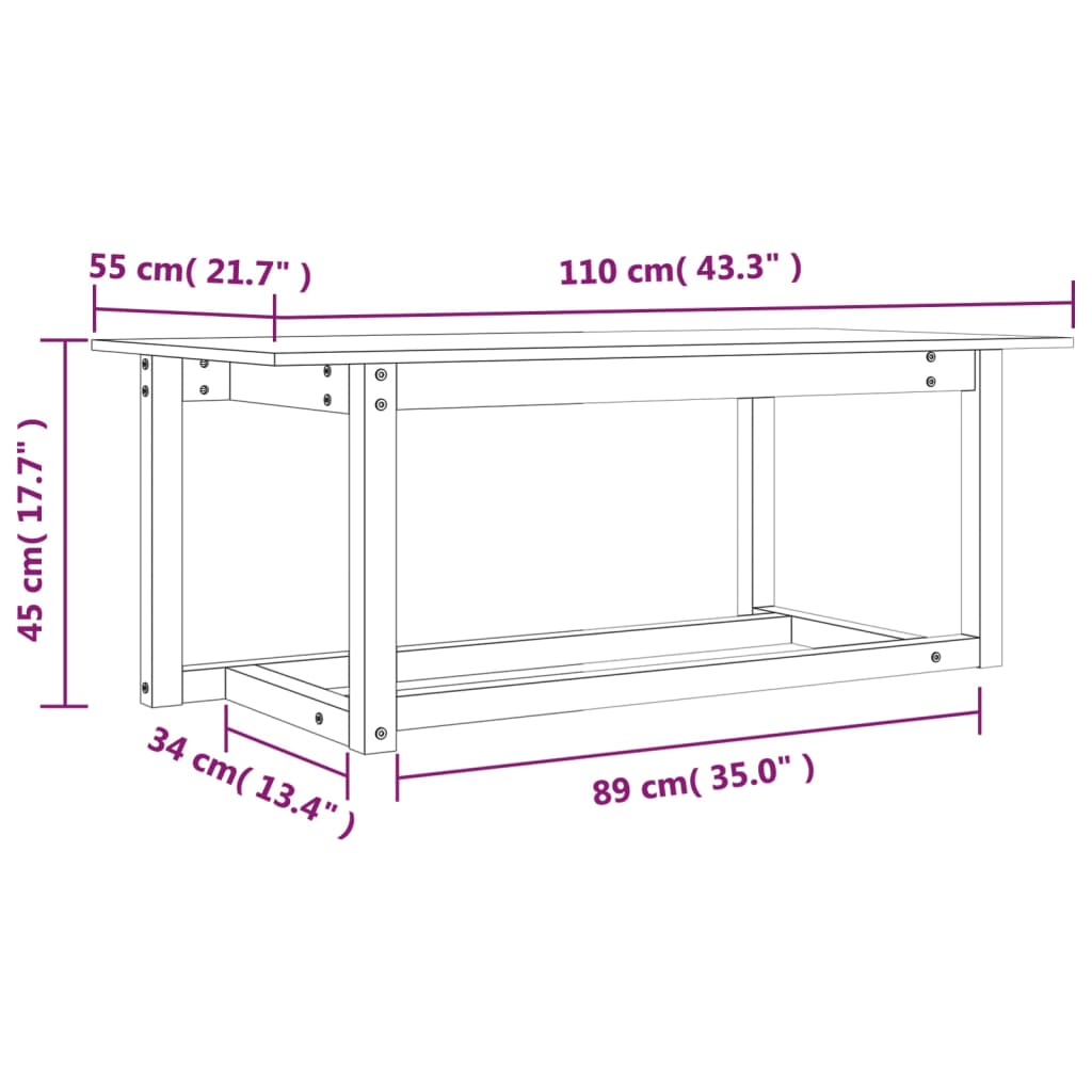 vidaXL Mesa de centro 110x55x45 cm madeira de pinho maciça cinzento