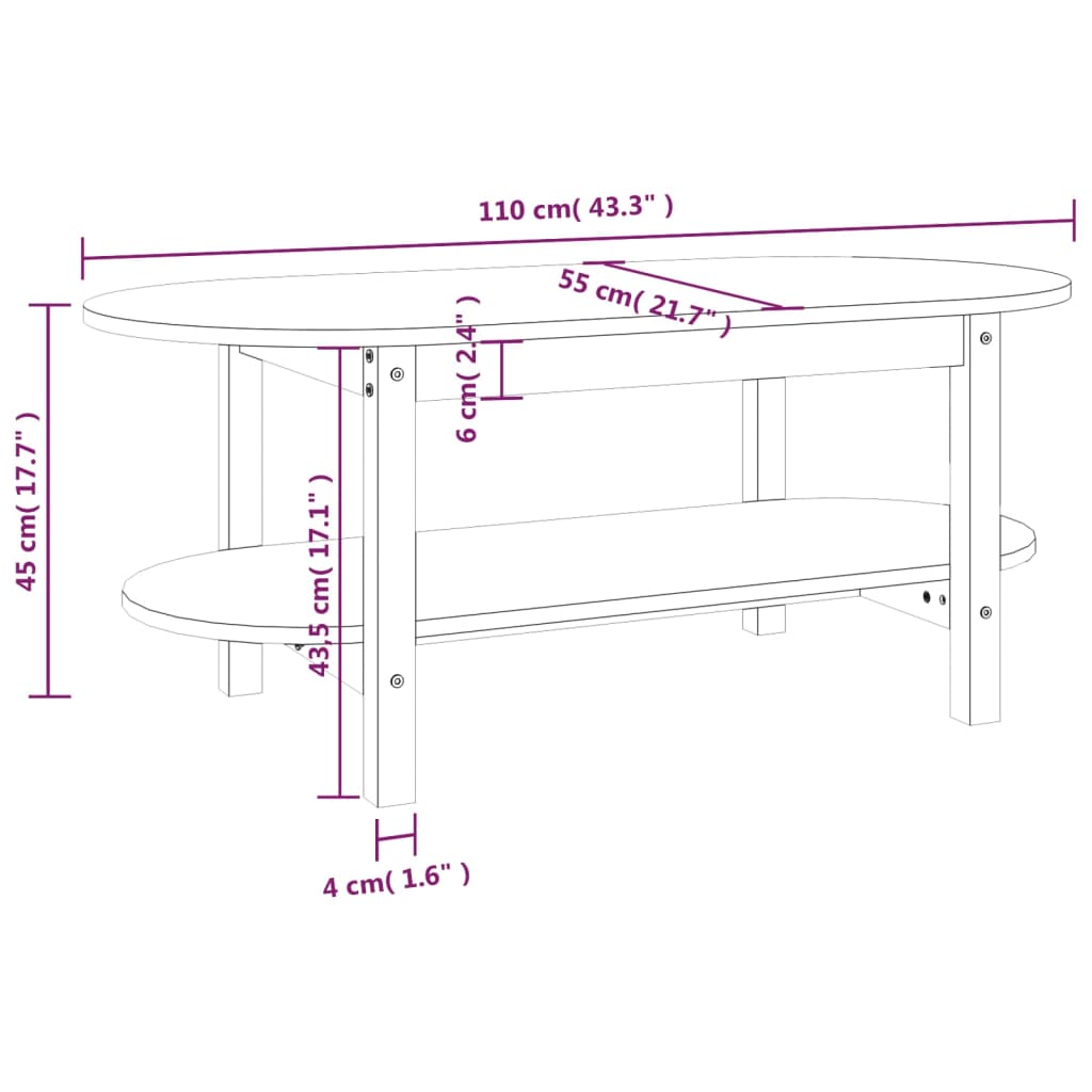 vidaXL Mesa de centro 110x55x45 cm madeira de pinho maciça