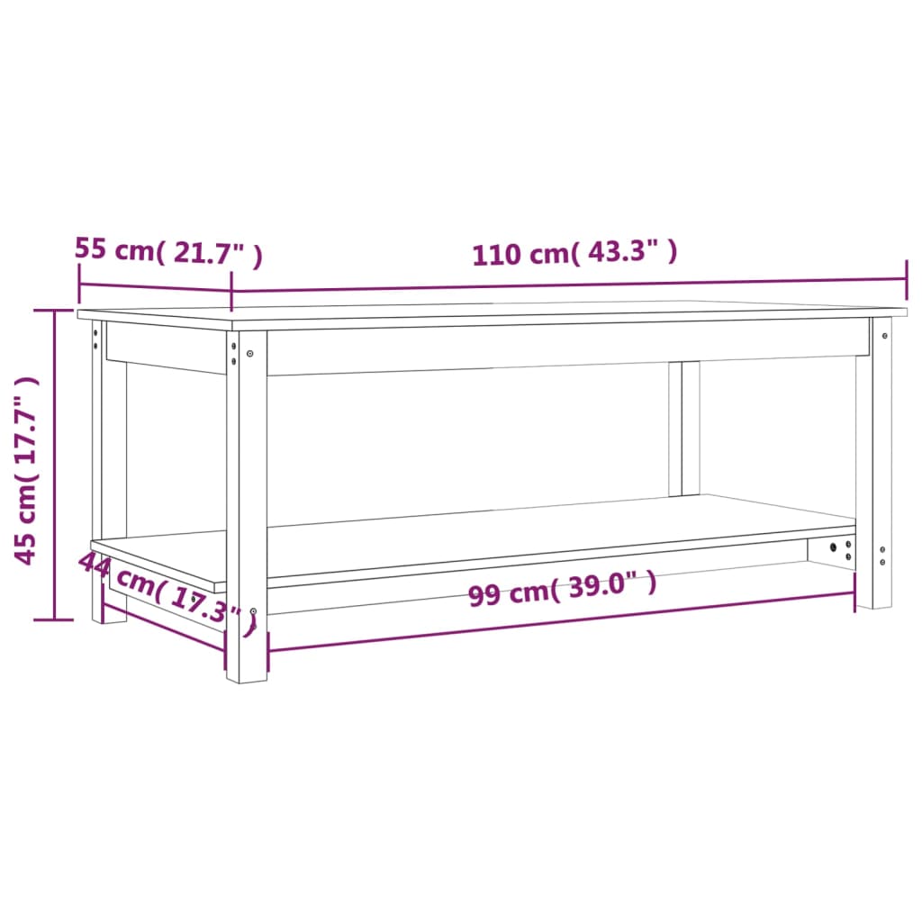 vidaXL Mesa de centro 110x55x45 cm madeira de pinho maciça