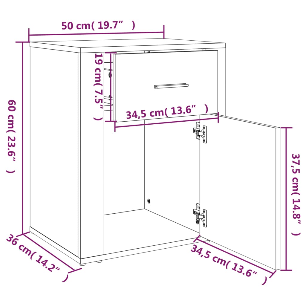 vidaXL Mesa cabeceira 50x36x60 cm derivados madeira cinzento sonoma