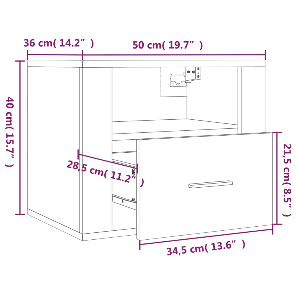 vidaXL Mesa de cabeceira de parede 50x36x40 cm cinzento cimento