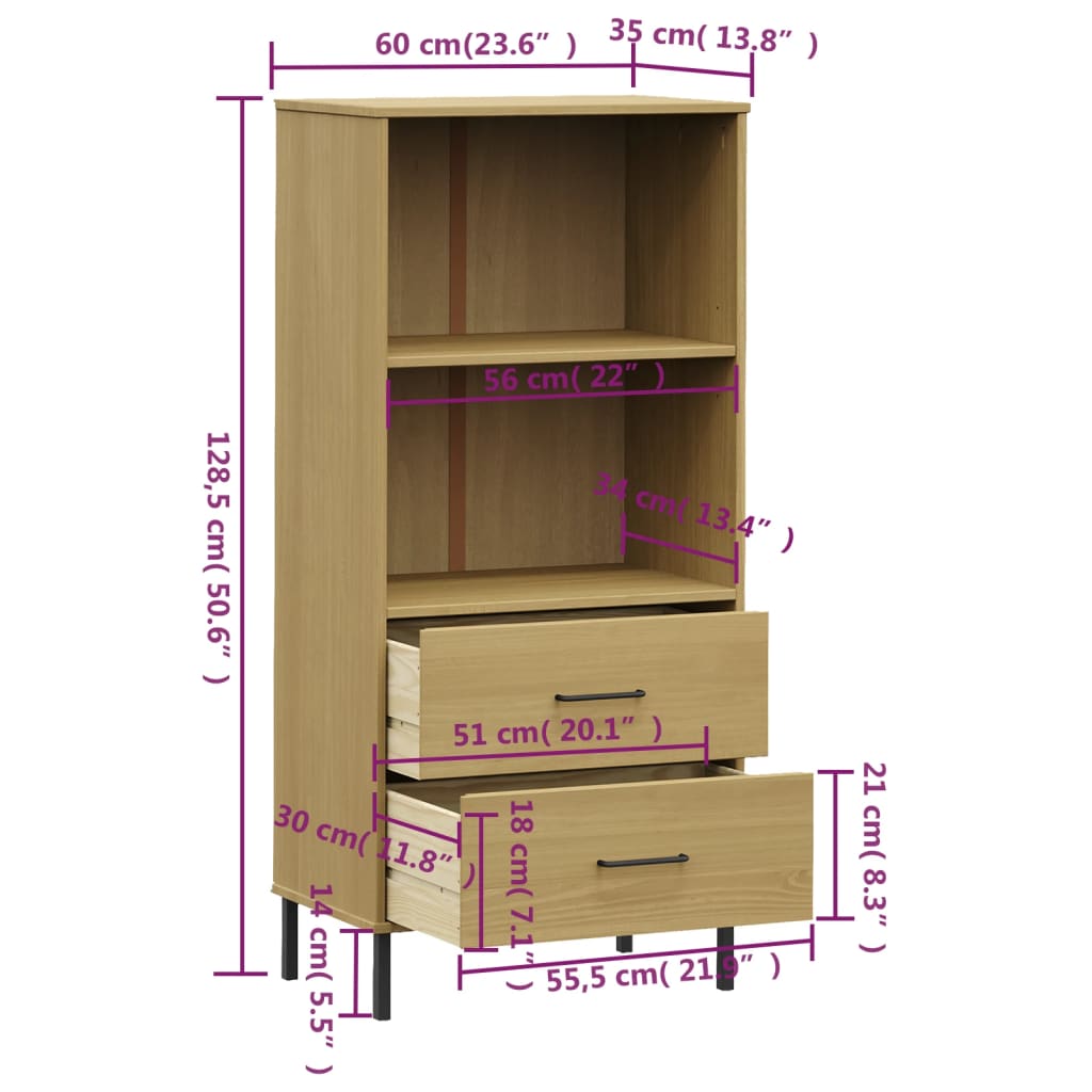 vidaXL Estante c/ 2 gavetas 60x35x128,5cm madeira maciça OSLO castanho