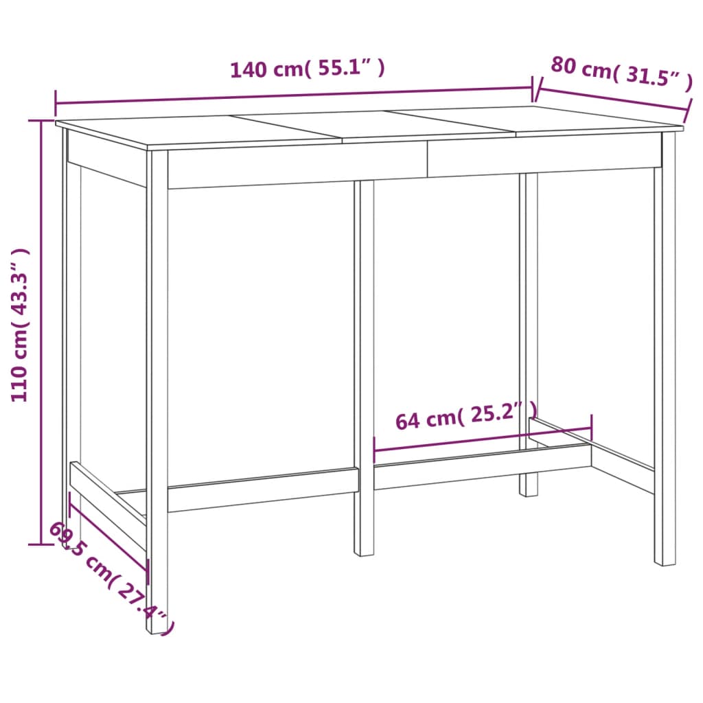 vidaXL Mesa de bar 140x80x110 cm madeira de pinho maciça