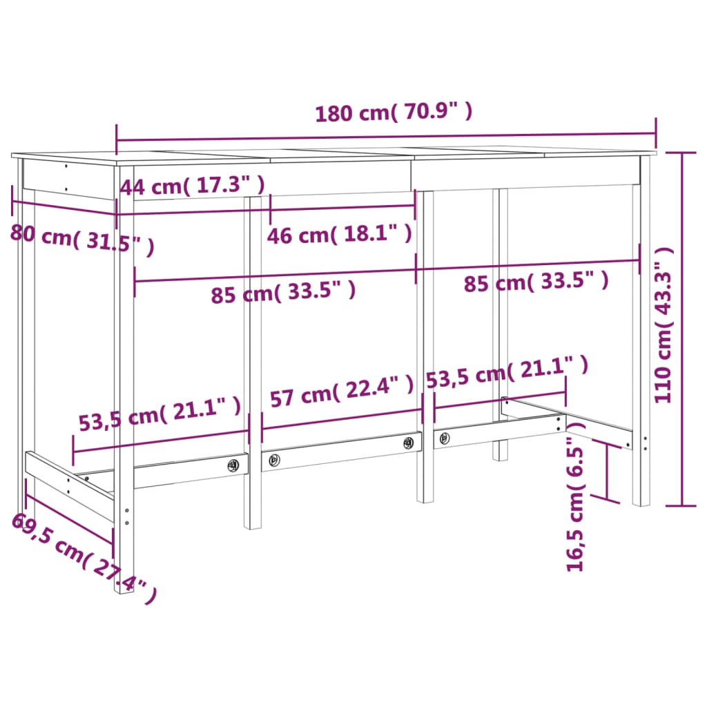 vidaXL Mesa de bar 180x80x110 cm madeira de pinho maciça