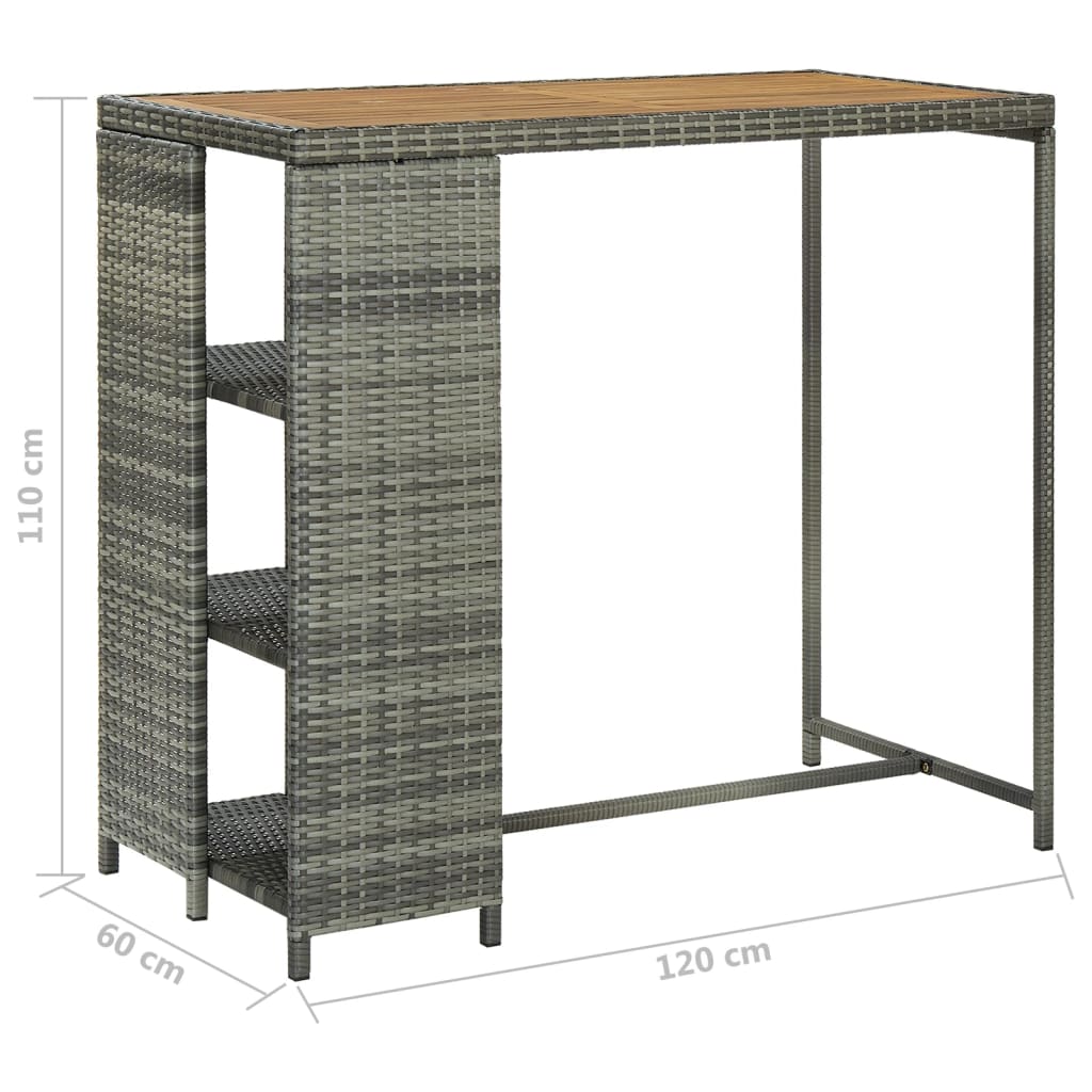 vidaXL Mesa de bar com prateleiras 120x60x110 cm vime PE cinzento