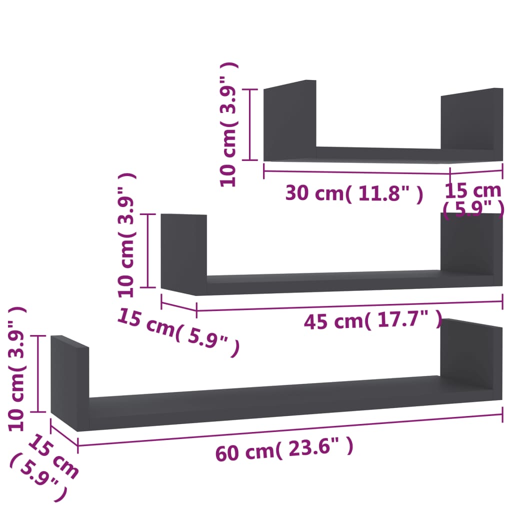 vidaXL Prateleira de parede 3 pcs derivados de madeira cinzento