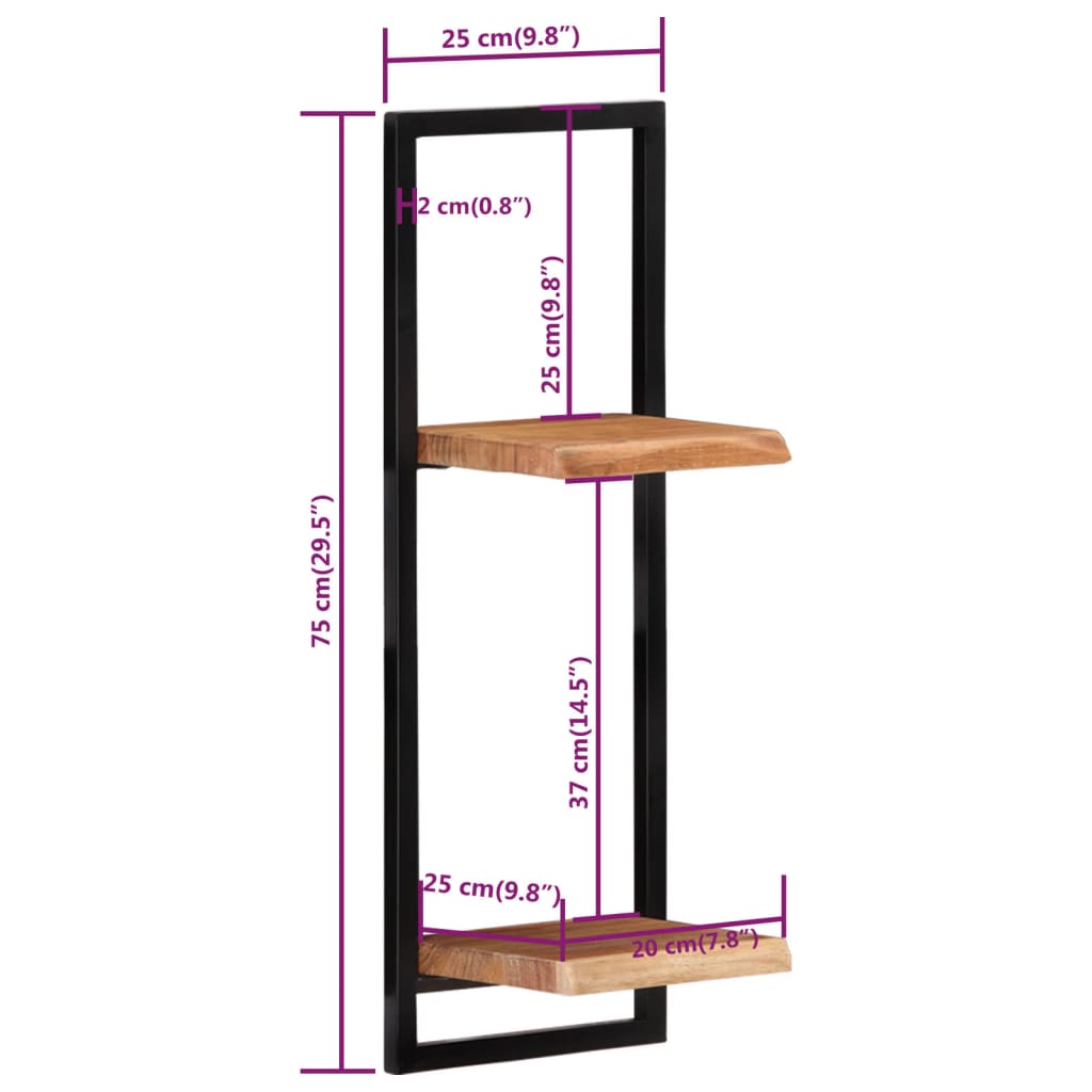 vidaXL Prateleiras de parede 2 pcs 25x25x75 cm acácia maciça e aço