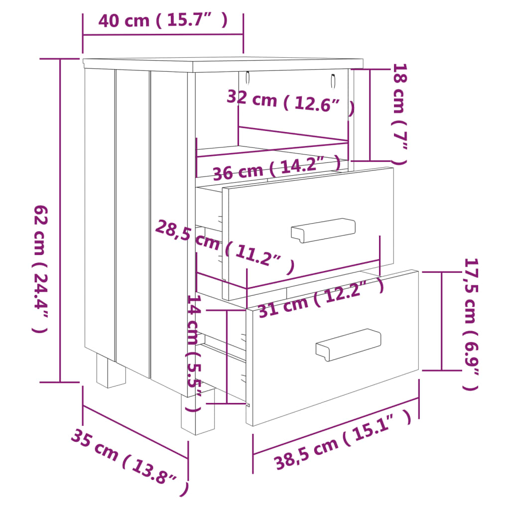 vidaXL Mesas cabeceira HAMAR 2 pcs 40x35x62cm pinho maciço cinza-claro