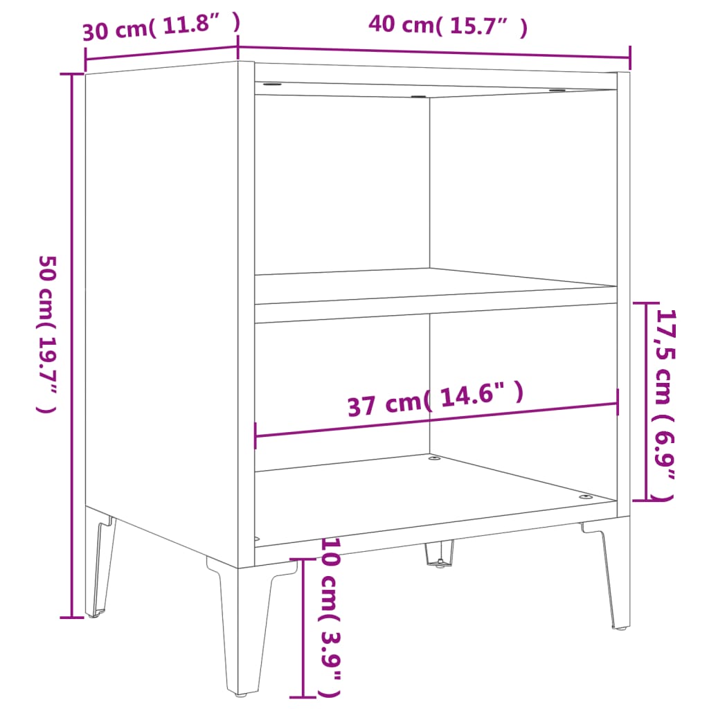 vidaXL Mesas cabeceira pernas metal 2 pcs 40x30x50 cm cinza brilhante