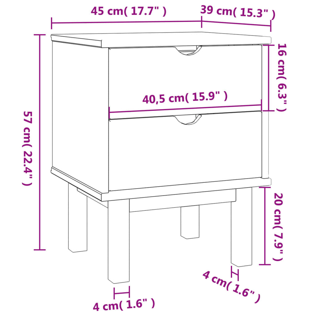 vidaXL Mesa DE cabeceira OTTA 45x39x57 cm pinho maciço castanho/branco