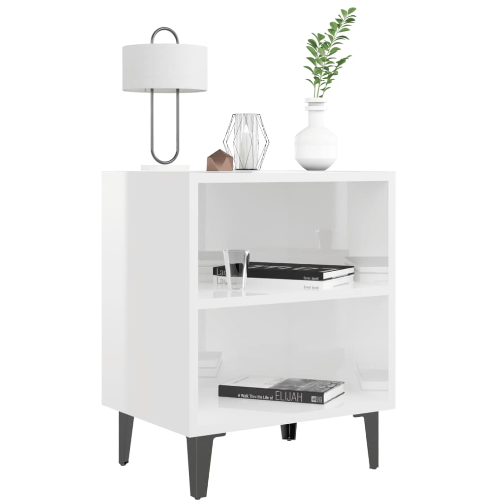 vidaXL Mesa de cabeceira pernas em metal 40x30x50 cm branco brilhante