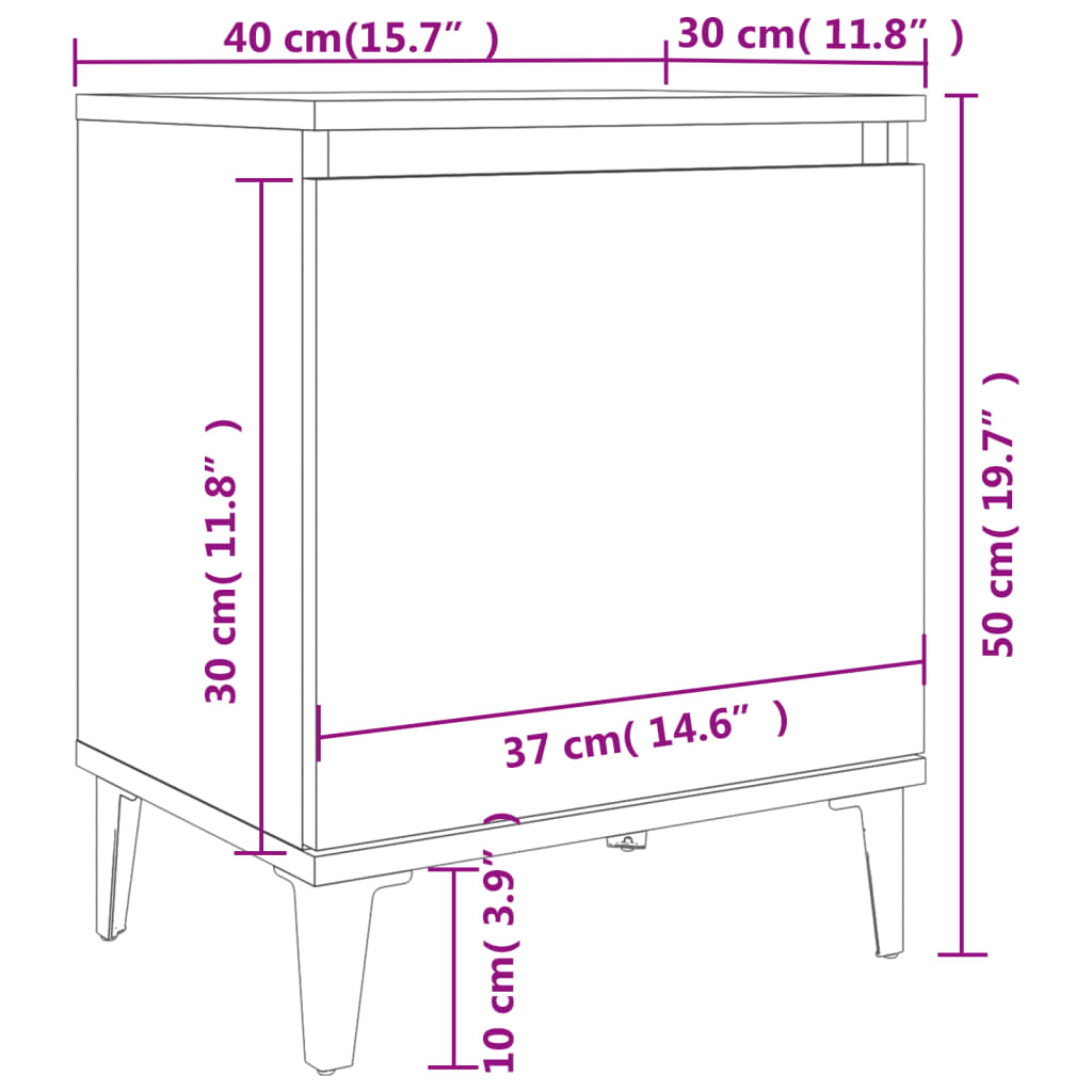 vidaXL Mesa de cabeceira c/ pernas em metal 40x30x50 cm cinzento