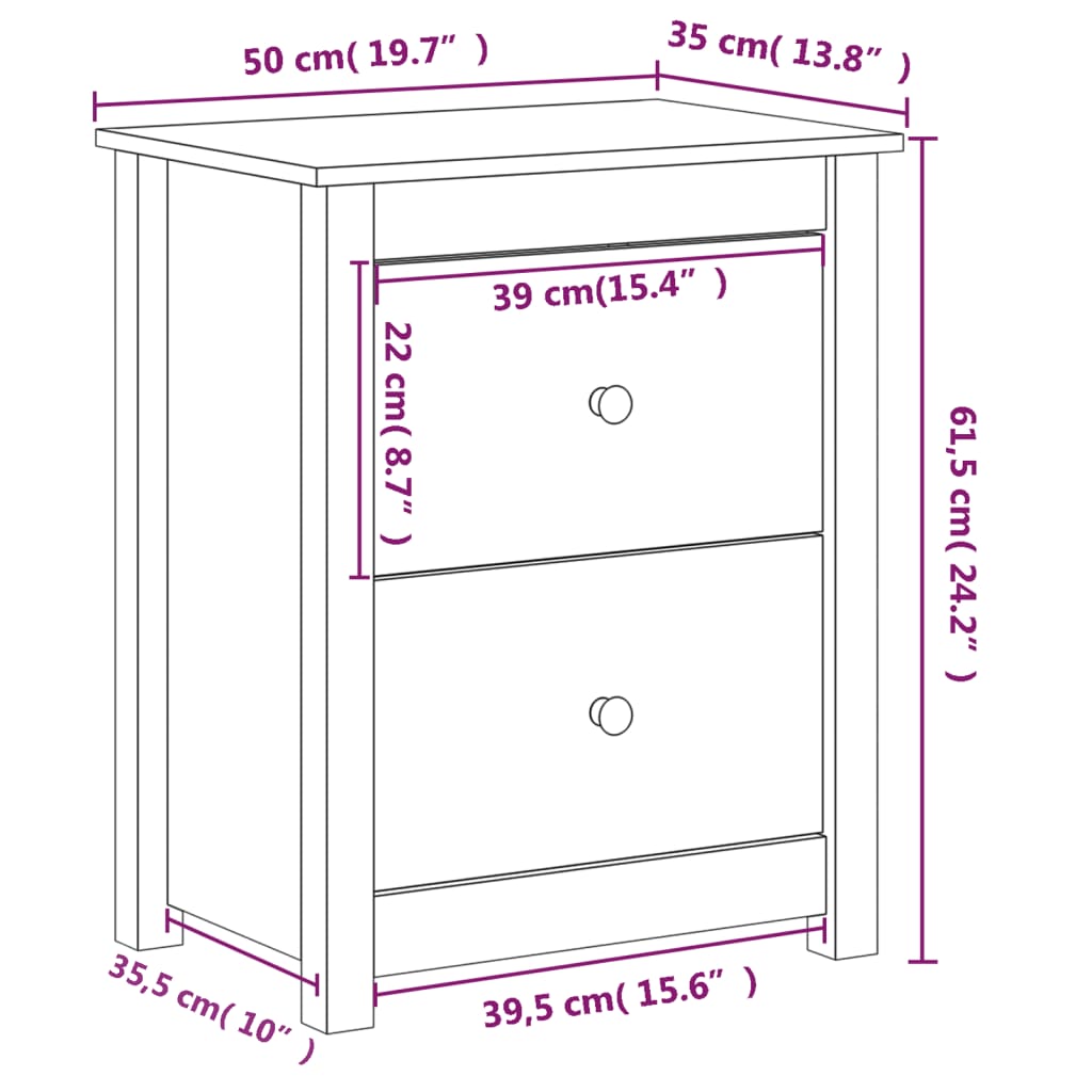 vidaXL Mesas de cabeceira 2pcs 50x35x61,5 cm pinho maciço preto