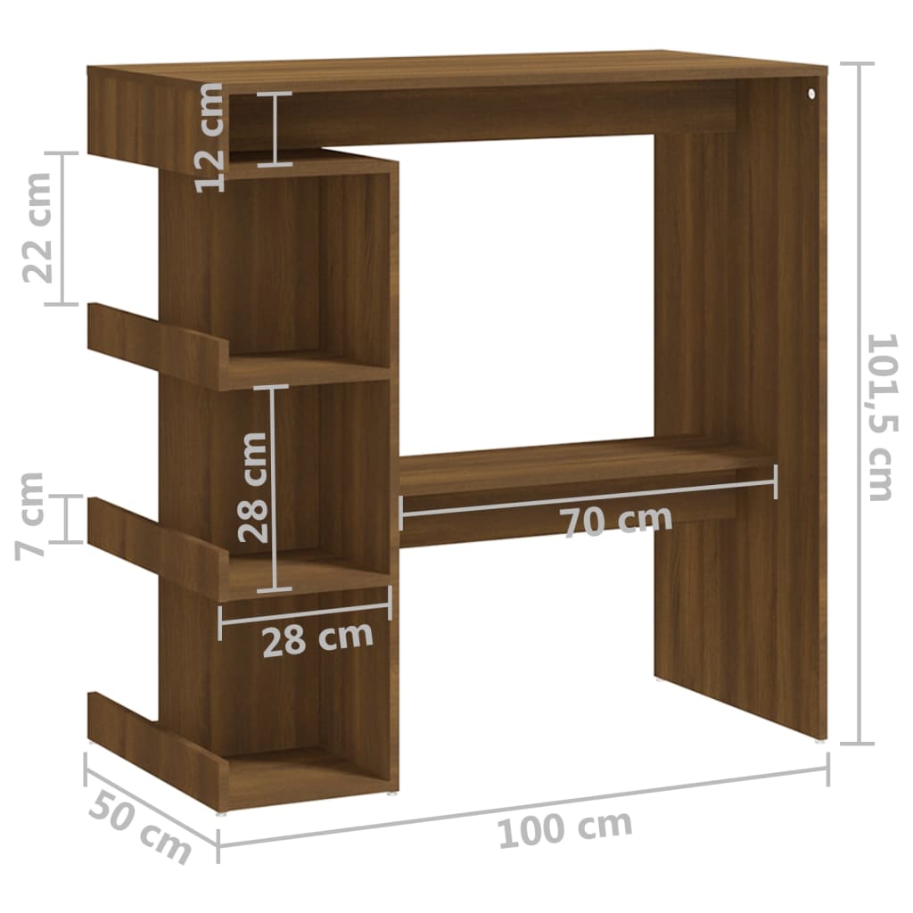 vidaXL Mesa bar c/ prateleiras 100x50x101,5 cm contraplacado castanho