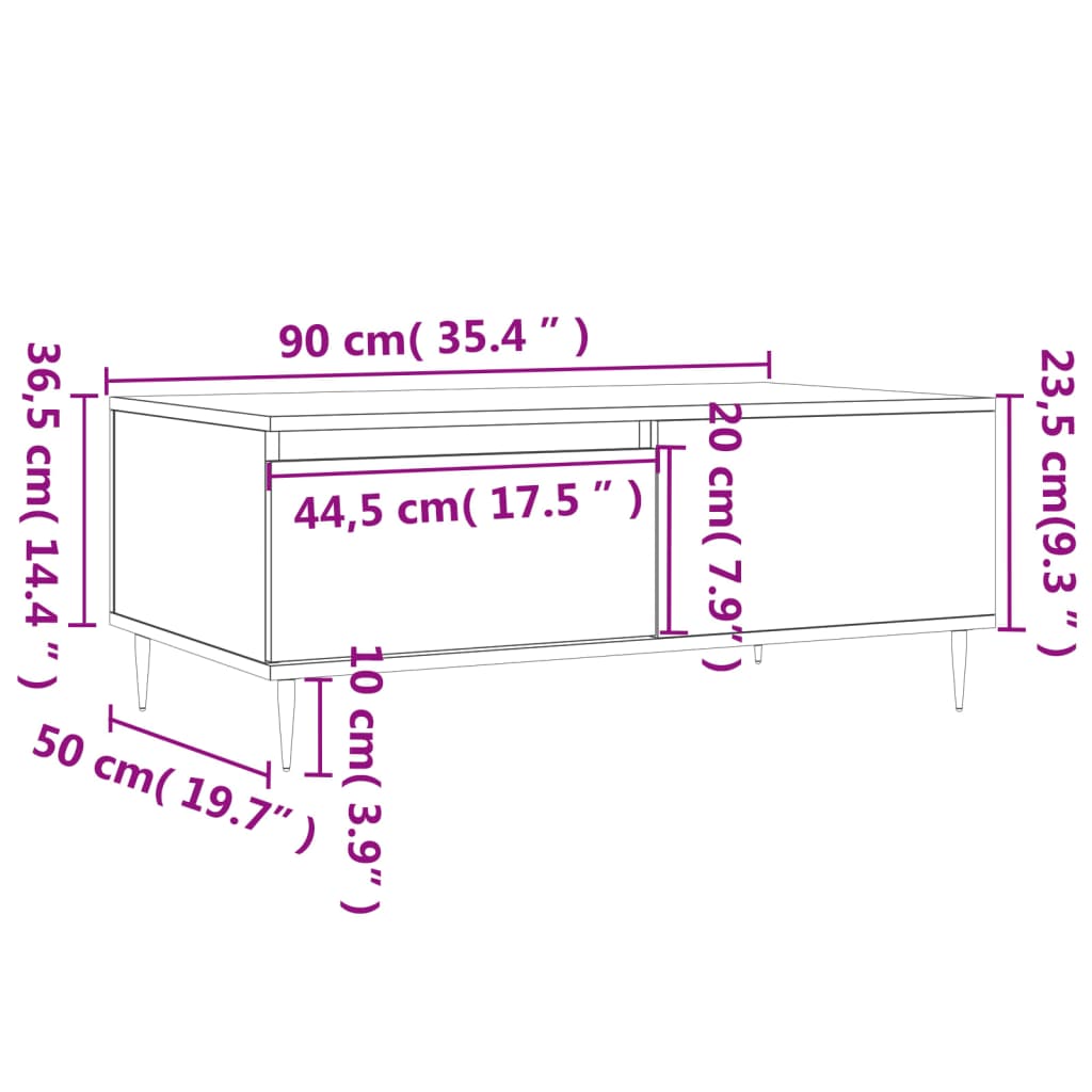 vidaXL Mesa de centro 90x50x36,5 cm derivados madeira branco brilhante