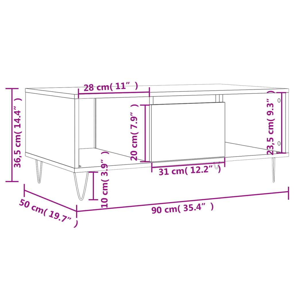 vidaXL Mesa de centro 90x50x36,5 cm derivados madeira cinzento cimento