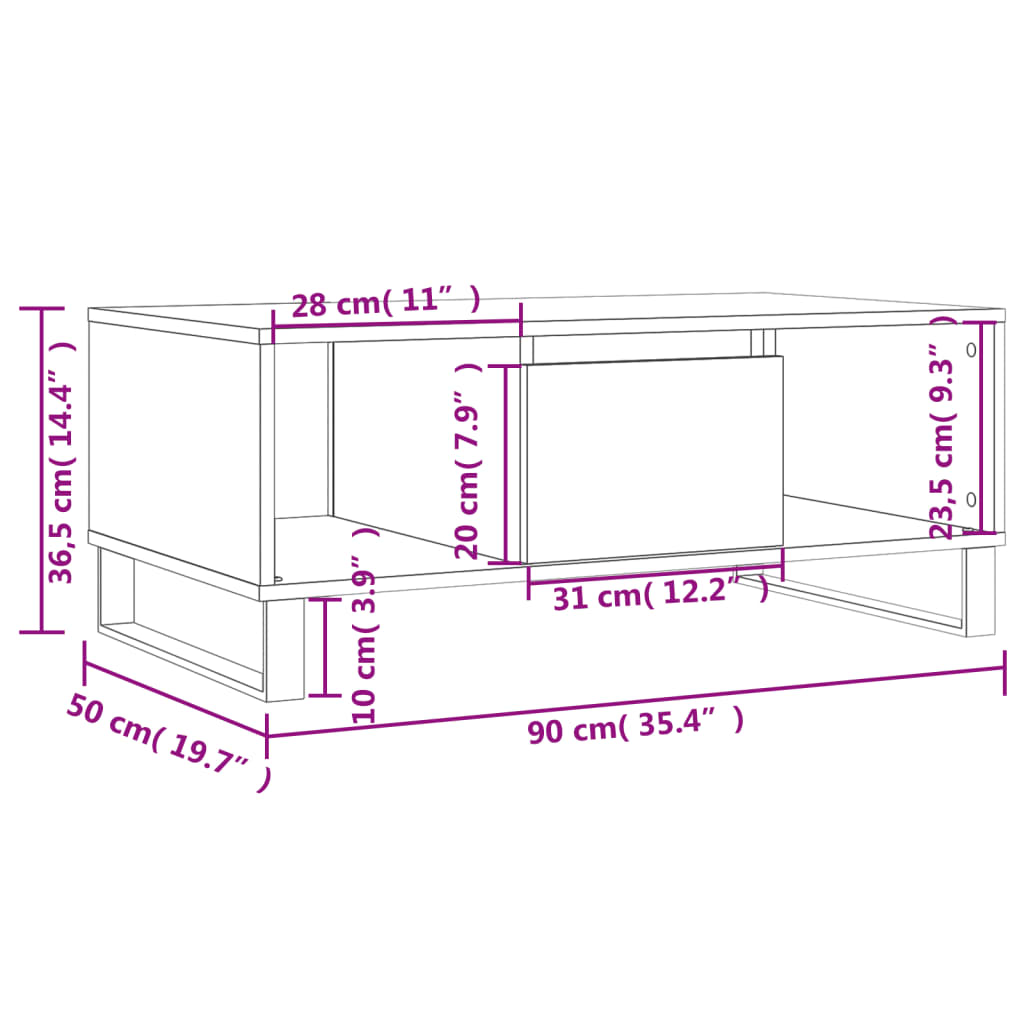 vidaXL Mesa de centro 90x50x36,5 cm derivados madeira carvalho sonoma