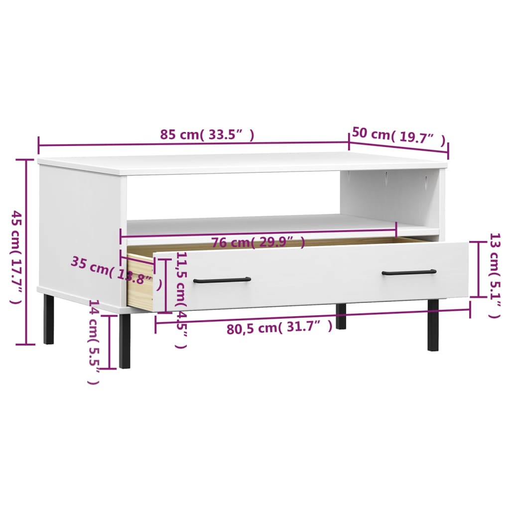 vidaXL Mesa de centro com pernas de metal madeira maciça OSLO branco