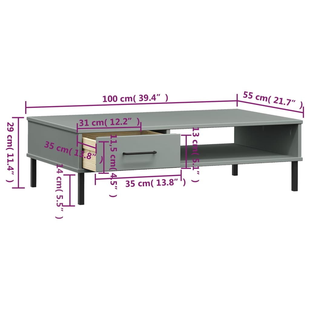 vidaXL Mesa de centro c/ pernas de metal pinho maciço OSLO cinzento