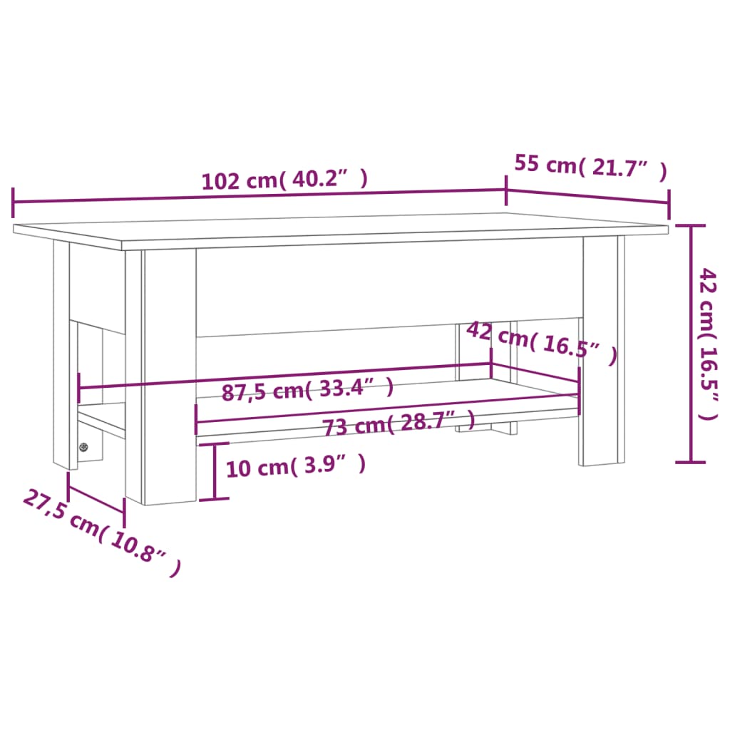 vidaXL Mesa de centro 102x55x42 cm contraplacado preto