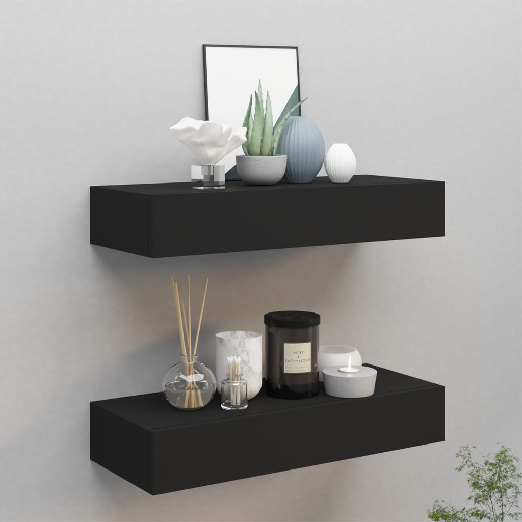 vidaXL Prateleiras de parede c/ gavetas 2 pcs MDF 60x23,5x10 cm preto