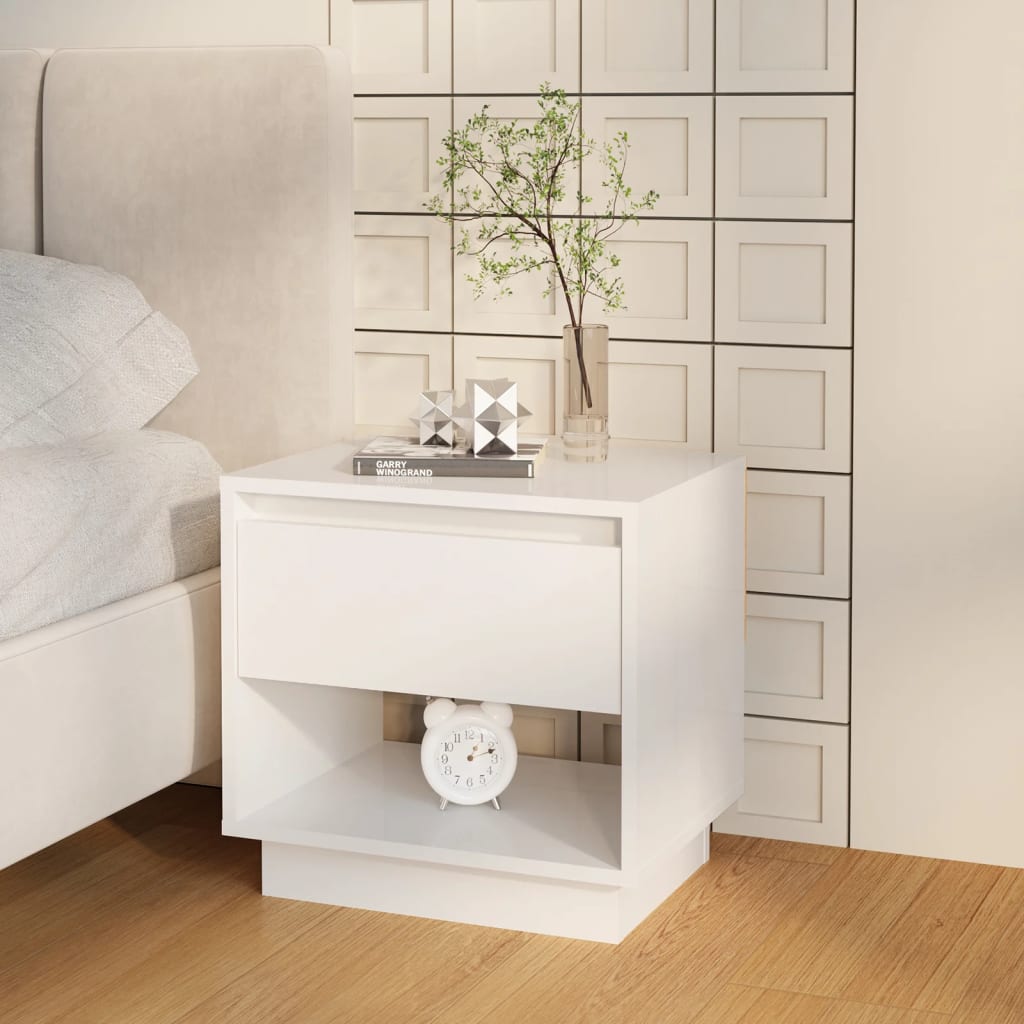 vidaXL Mesa de cabeceira 45x34x44 cm contraplacado branco brilhante