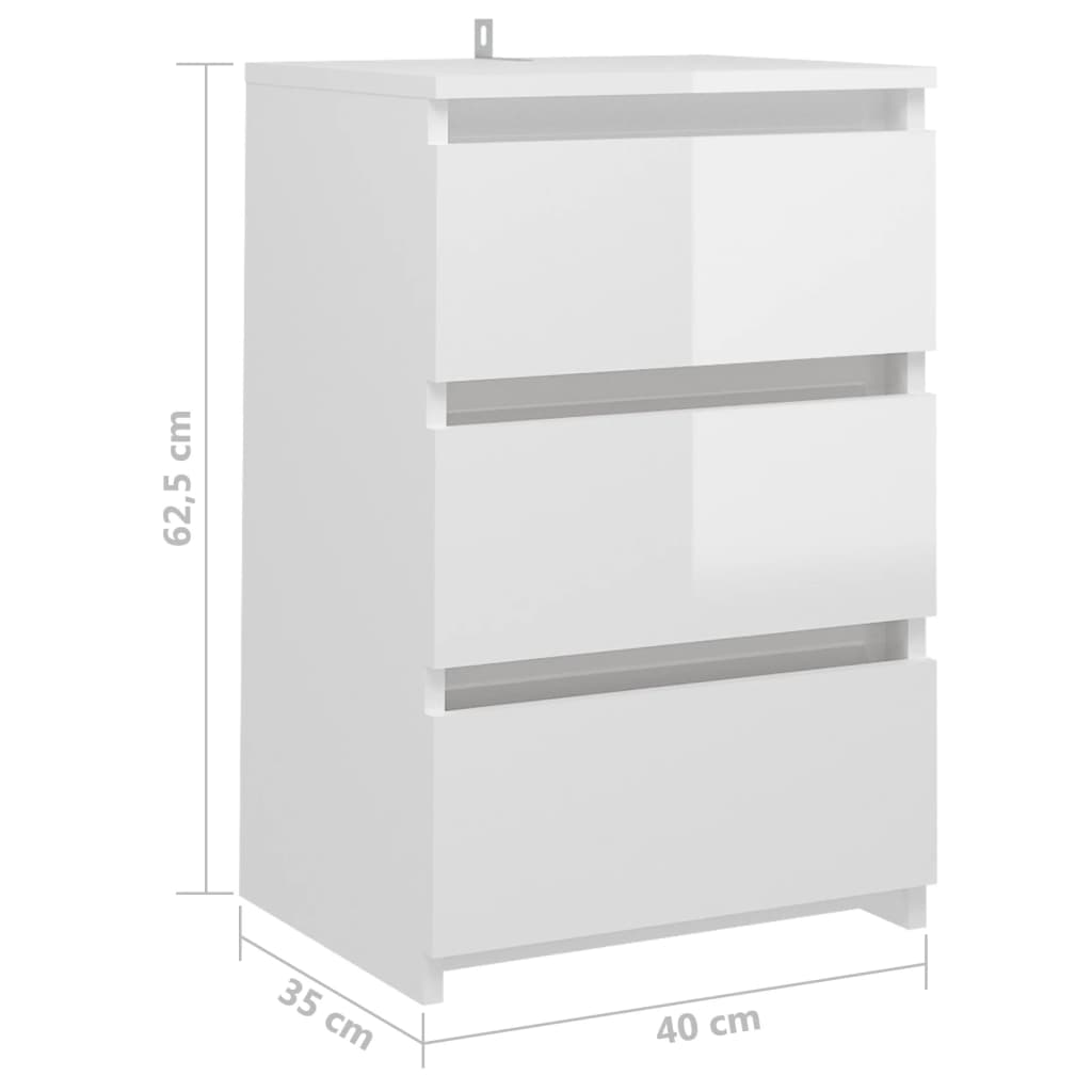 vidaXL Mesa de cabeceira 40x35x62,5 cm contraplacado branco brilhante