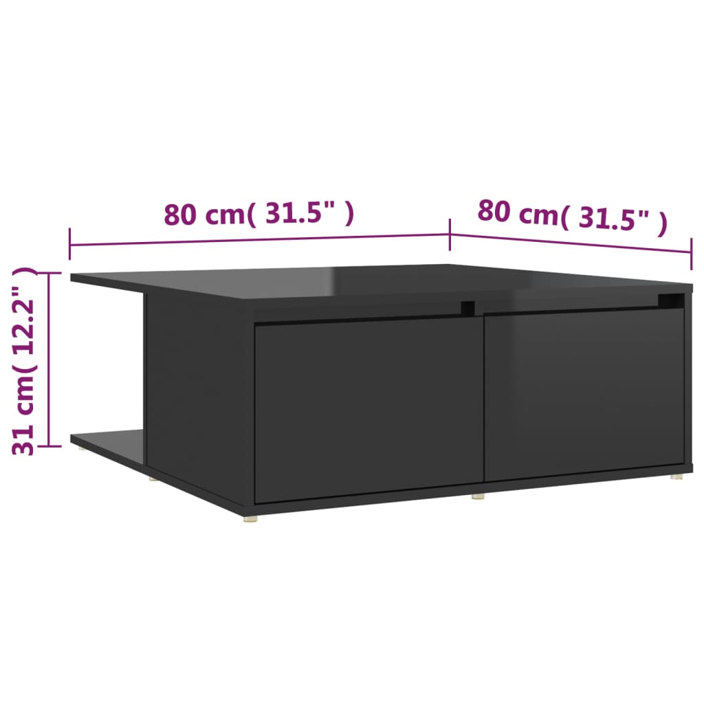 vidaXL Mesa de centro 80x80x31 cm contraplacado preto brilhante