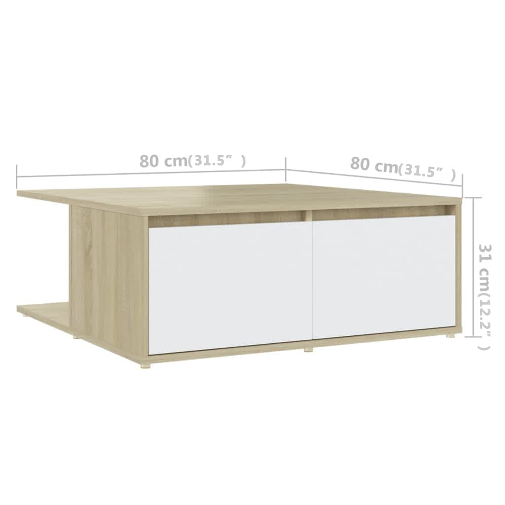 vidaXL Mesa de centro 80x80x31 cm contrapl. branco e carvalho sonoma